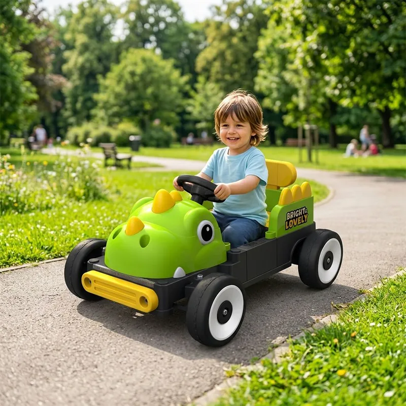 Coche eléctrico para niños con forma de dinosaurio de 12V, motores duales