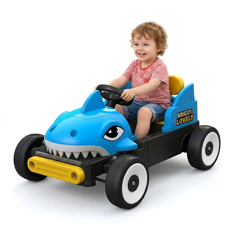Nuevo Coche para niños con cabeza de tiburón y 4 ruedas, alimentado por batería de 12V
